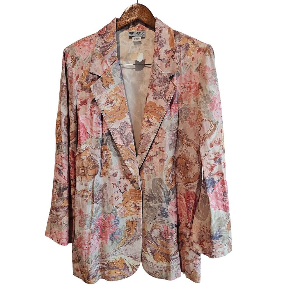 Vintage Kelly Stevens Floral Blazer Womens Med Beige Cottage Preppy Fairy 90s